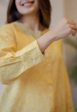 Asma Mustard Hand Block Print Slub Cotton A Line Kurta with Hand Embroidery