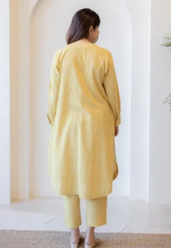 Asma Mustard Hand Block Print Slub Cotton A Line Kurta with Hand Embroidery