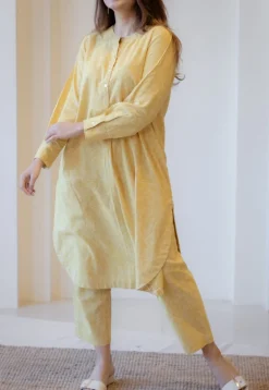 Asma Mustard Hand Block Print Slub Cotton A Line Kurta with Hand Embroidery