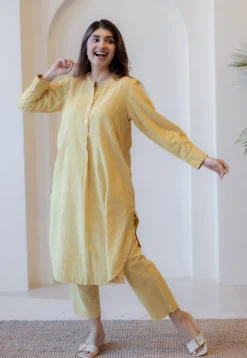 Asma Mustard Hand Block Print Slub Cotton A Line Kurta with Hand Embroidery