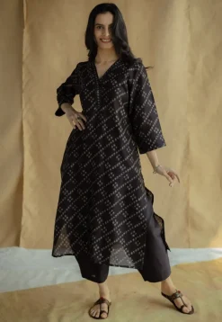 Avika Black Ajrakh Chanderi Silk Straight Kurta with Hand Embroidery