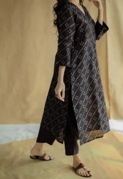 Avika Black Ajrakh Chanderi Silk Straight Kurta with Hand Embroidery