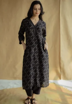 Avika Black Ajrakh Chanderi Silk Straight Kurta with Hand Embroidery