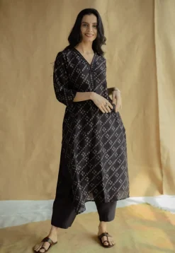 Avika Black Ajrakh Chanderi Silk Straight Kurta with Hand Embroidery