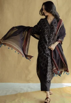Avika Black Ajrakh Chanderi Silk Straight Kurta with Hand Embroidery