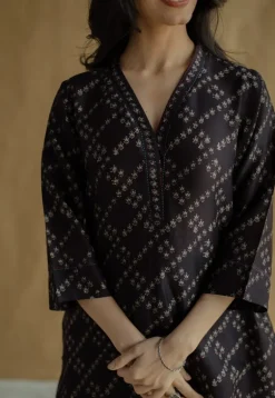 Avika Black Ajrakh Chanderi Silk Straight Kurta with Hand Embroidery