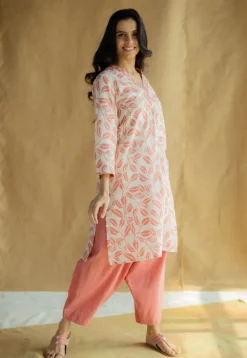 Avika Coral Hand Block Print Slub Cotton Straight Kurta