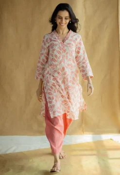 Avika Coral Hand Block Print Slub Cotton Straight Kurta