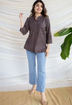 Avita Brown Ajrakh Cotton Straight Short Top