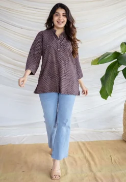 Avita Brown Ajrakh Cotton Straight Short Top