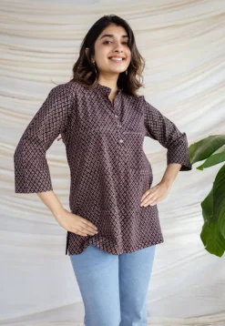 Avita Brown Ajrakh Cotton Straight Short Top