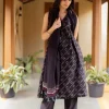 Ayla Black Ajrakh Chanderi Silk A Line Kurta with Hand Embroidery