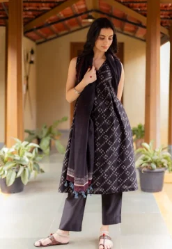 Ayla Black Ajrakh Chanderi Silk A Line Kurta with Hand Embroidery