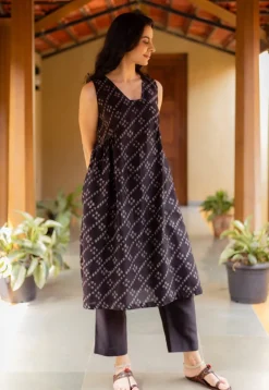 Ayla Black Ajrakh Chanderi Silk A Line Kurta with Hand Embroidery