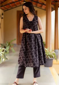 Ayla Black Ajrakh Chanderi Silk A Line Kurta with Hand Embroidery