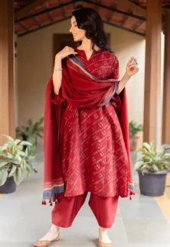 Ayra Madder Ajrakh Chanderi Silk Jhabba Kali Kurta with Hand Embroidery