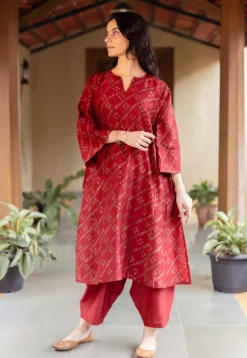 Ayra Madder Ajrakh Chanderi Silk Jhabba Kali Kurta with Hand Embroidery