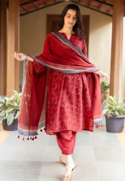 Ayra Madder Ajrakh Chanderi Silk Jhabba Kali Kurta with Hand Embroidery