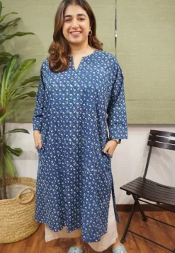 Ayrin Indigo Dabu Cotton Jhabba Kali Kurta