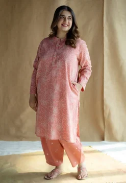 Azha Coral Hand Block Print Slub Cotton Straight Kurta with Hand Embroidery