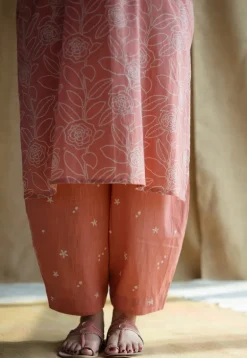 Azha Coral Hand Block Print Slub Cotton Straight Kurta with Hand Embroidery