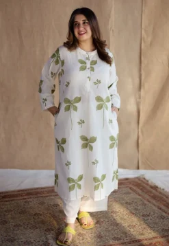 Azha Off White Dabu Slub Cotton Straight Kurta