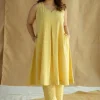 Aziza Mustard Hand Block Print Slub Cotton A Line Kurta
