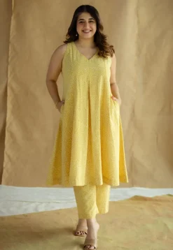 Aziza Mustard Hand Block Print Slub Cotton A Line Kurta