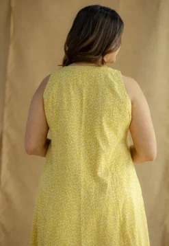 Aziza Mustard Hand Block Print Slub Cotton A Line Kurta