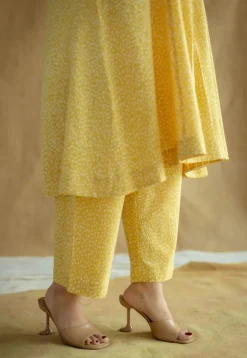Aziza Mustard Hand Block Print Slub Cotton A Line Kurta
