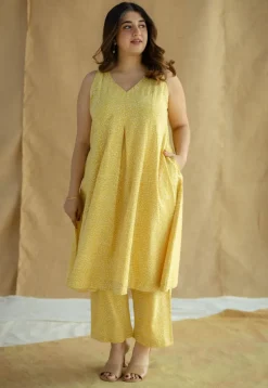 Aziza Mustard Hand Block Print Slub Cotton A Line Kurta
