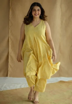 Aziza Mustard Hand Block Print Slub Cotton A Line Kurta