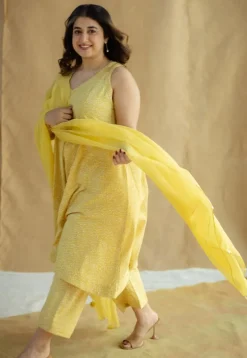 Aziza Mustard Hand Block Print Slub Cotton A Line Kurta