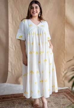 Azlin Dabu Slub Cotton Hand Embroidered Dress