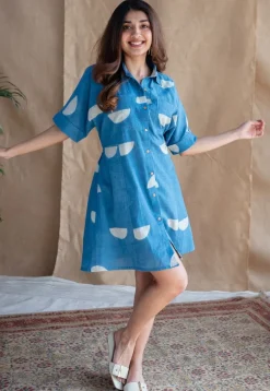 Azrin Indigo Dabu Slub Cotton A Line Dress