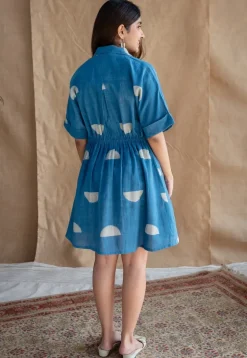Azrin Indigo Dabu Slub Cotton A Line Dress