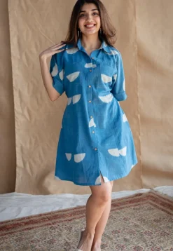 Azrin Indigo Dabu Slub Cotton A Line Dress