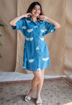Azrin Indigo Dabu Slub Cotton A Line Dress