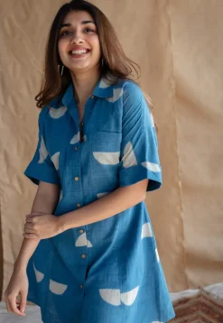 Azrin Indigo Dabu Slub Cotton A Line Dress