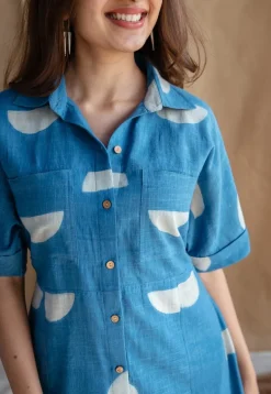 Azrin Indigo Dabu Slub Cotton A Line Dress