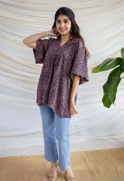 Binita Wine Ajrakh Modal Silk Loose Short Top