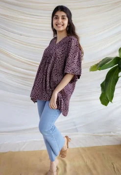 Binita Wine Ajrakh Modal Silk Loose Short Top