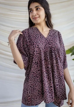 Binita Wine Ajrakh Modal Silk Loose Short Top
