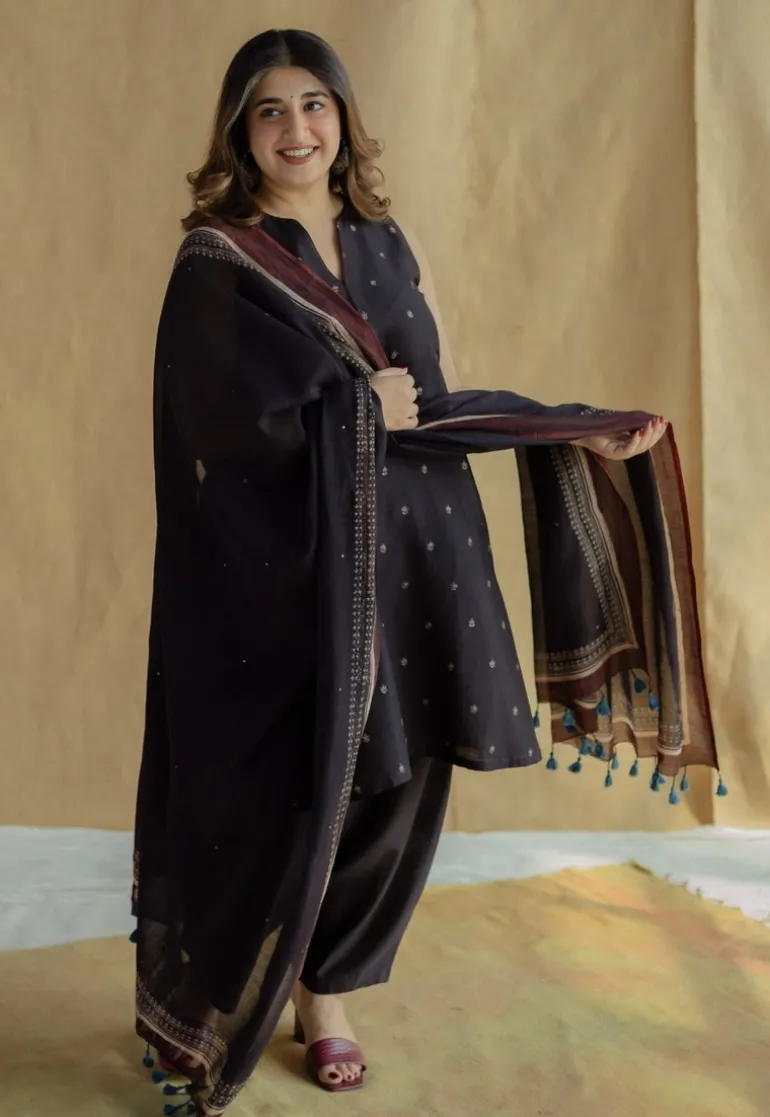 Black Ajrakh Chanderi Silk Dupatta with Embroidery