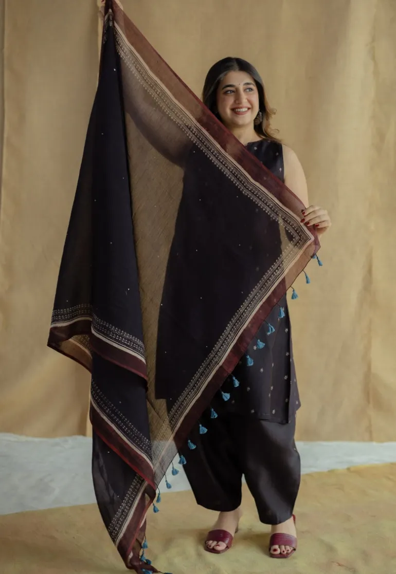 Black Ajrakh Chanderi Silk Dupatta with Embroidery
