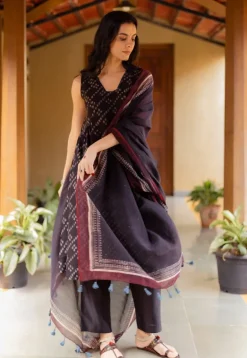 Black Ajrakh Chanderi Silk Dupatta with Embroidery