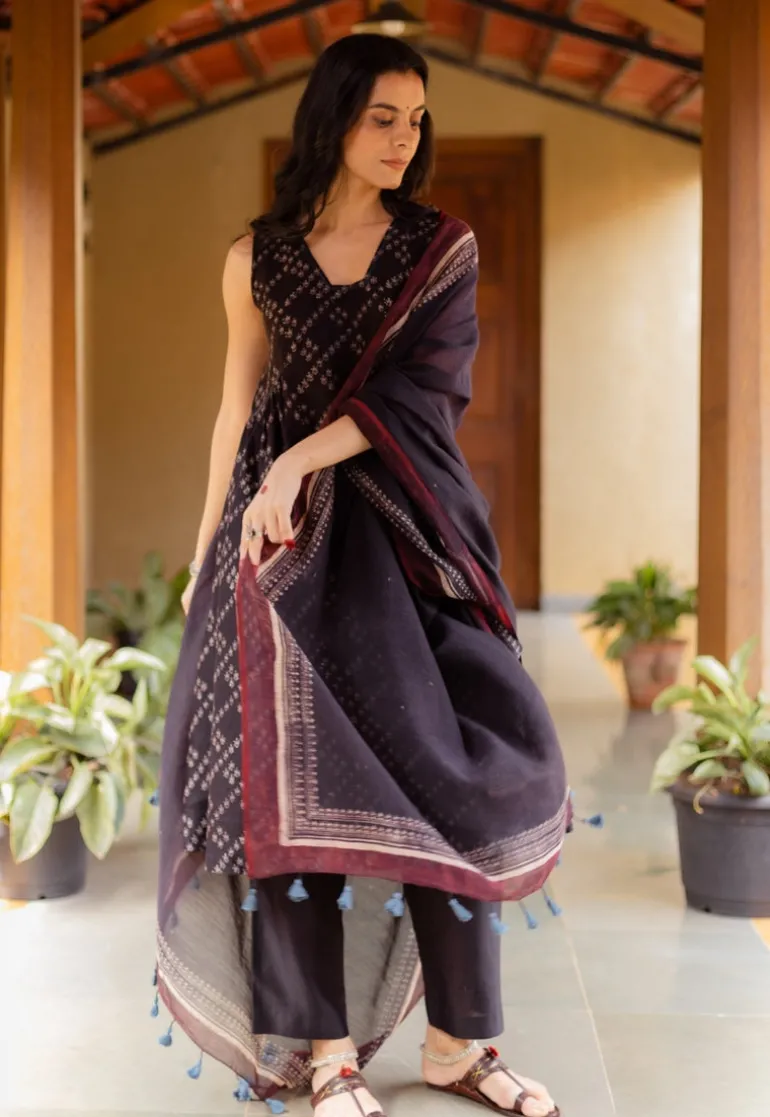 Black Ajrakh Chanderi Silk Dupatta with Embroidery