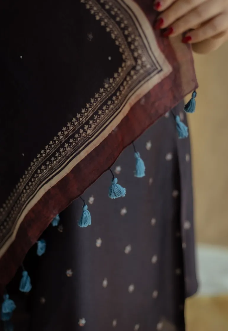 Black Ajrakh Chanderi Silk Dupatta with Embroidery
