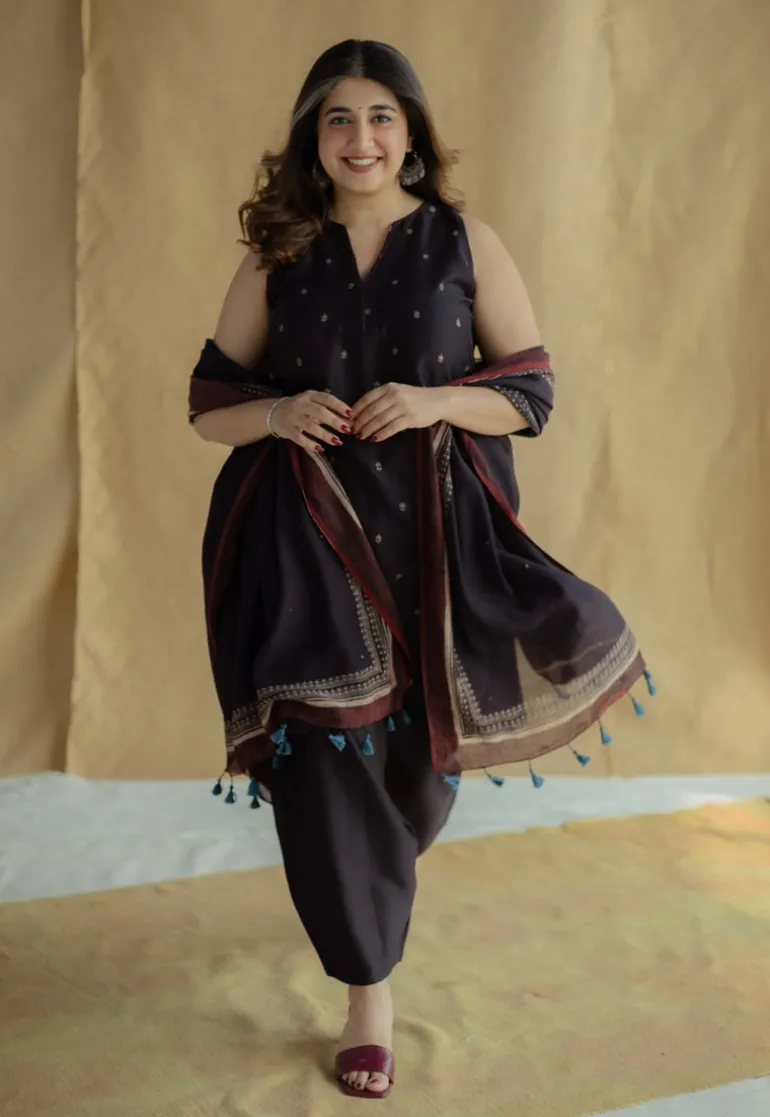 Black Ajrakh Chanderi Silk Dupatta with Embroidery