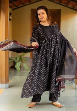 Black Ajrakh Chanderi Silk Dupatta with Embroidery